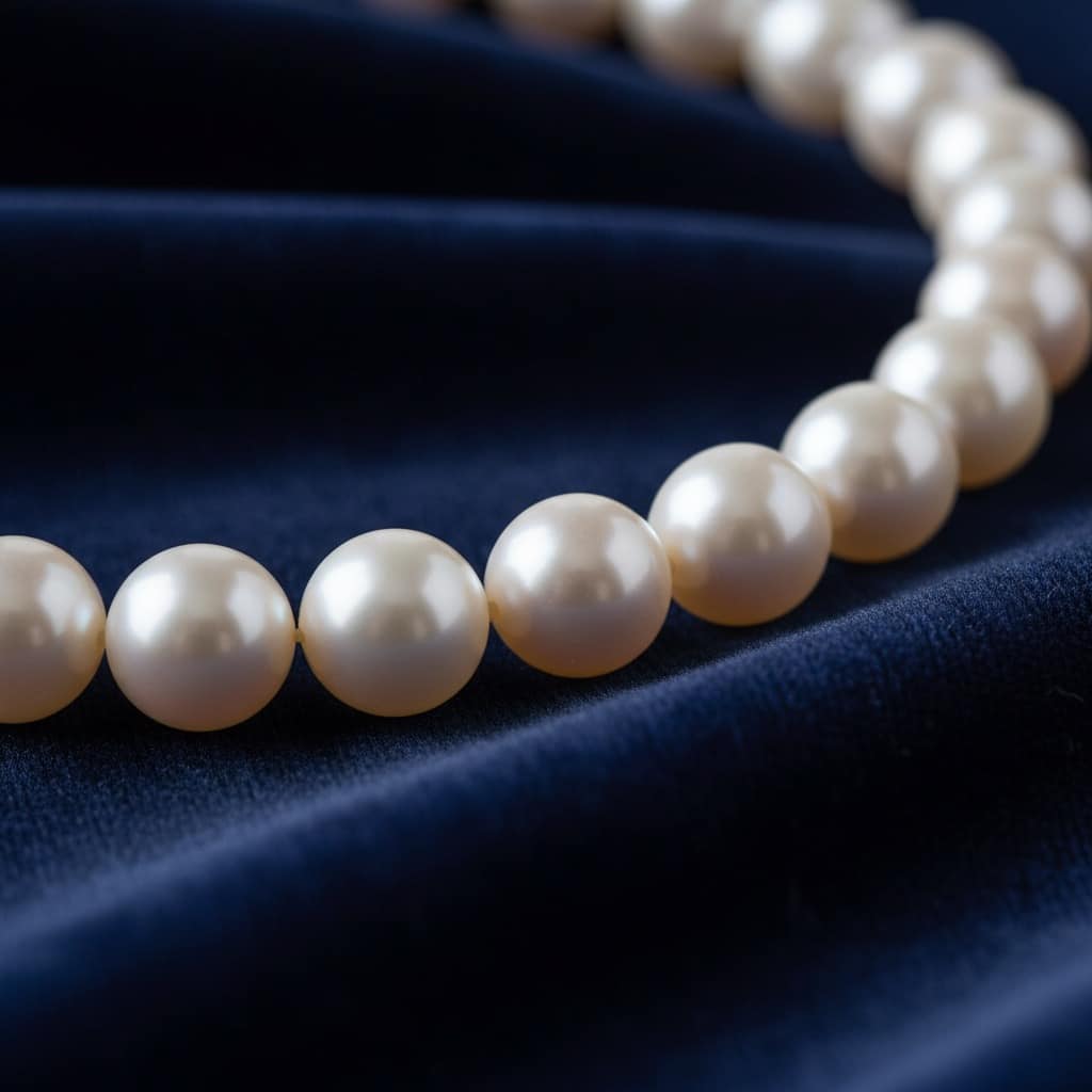 A strand of lustrous white pearls rests on a dark blue satin fabric.